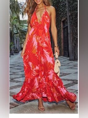 Vici Ophira Red and Pink Tiered Maxi Sundress Women XL Boho Beach Occasion